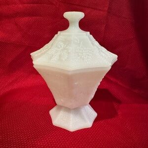 Vintage Anchor Hocking Milk Glass Grape and Leaves Pedestal Candy Dish Vintage